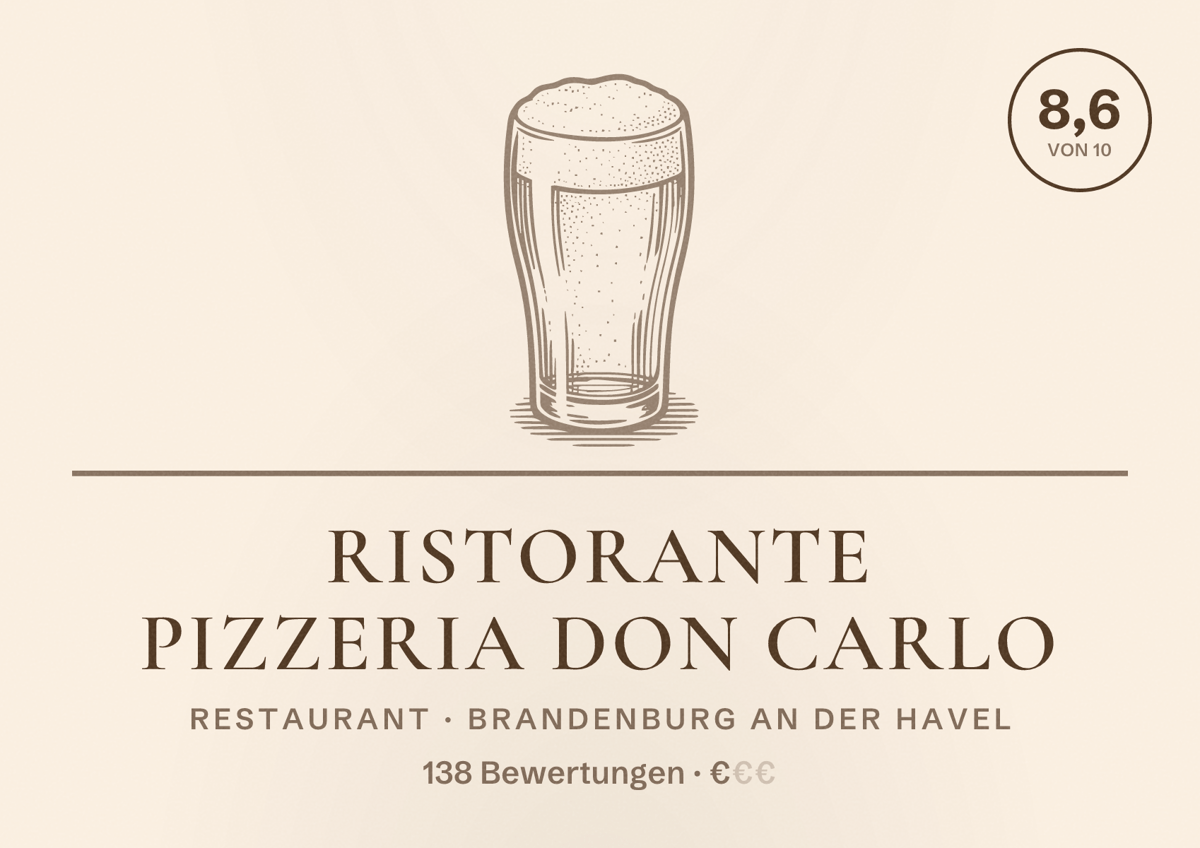 Illustriertes Poster von Ristorante Pizzeria Don Carlo, Restaurant in Brandenburg an der Havel: Bewertung 8,6 von 10 aus 138 Bewertungen, Preisniveau €