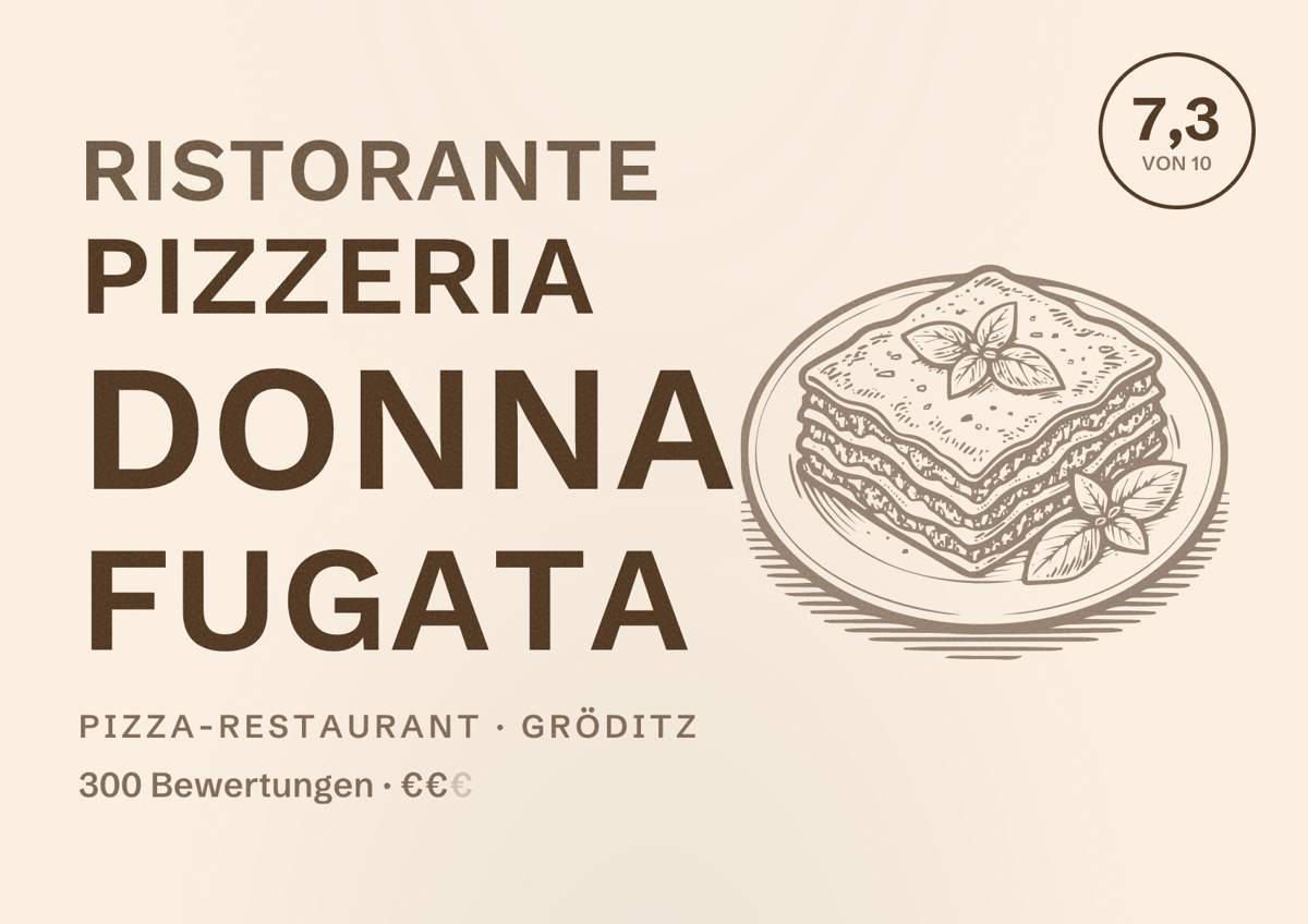 Illustriertes Poster von Ristorante Pizzeria Donna Fugata, Pizza-Restaurant in Gröditz: Bewertung 7,3 von 10 aus 300 Bewertungen, Preisniveau €€
