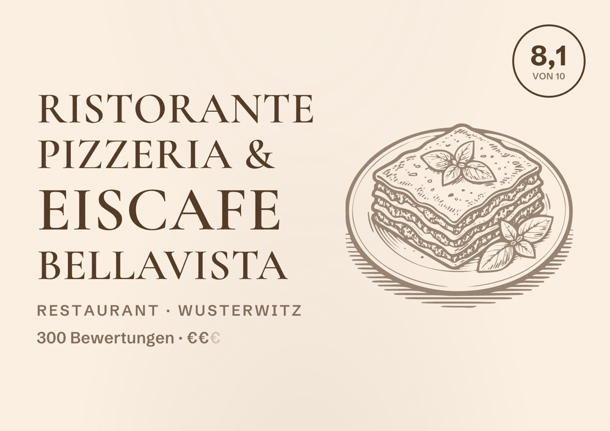 Illustriertes Poster von Ristorante Pizzeria & Eiscafe Bellavista, Restaurant in Wusterwitz: Bewertung 8,1 von 10 aus 300 Bewertungen, Preisniveau €€