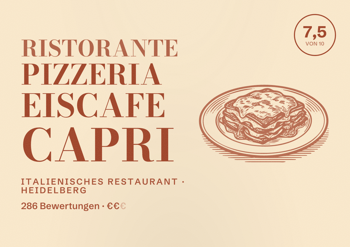 Illustriertes Poster von Ristorante Pizzeria Eiscafe Capri, Italienisches Restaurant in Heidelberg: Bewertung 7,5 von 10 aus 286 Bewertungen, Preisniveau €€