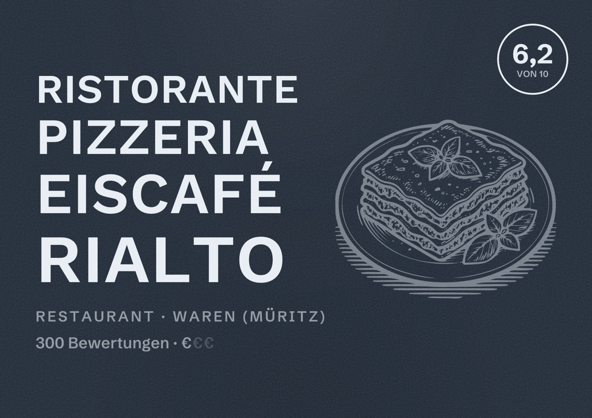 Illustriertes Poster von Ristorante Pizzeria Eiscafé Rialto, Restaurant in Waren (Müritz): Bewertung 6,2 von 10 aus 300 Bewertungen, Preisniveau €