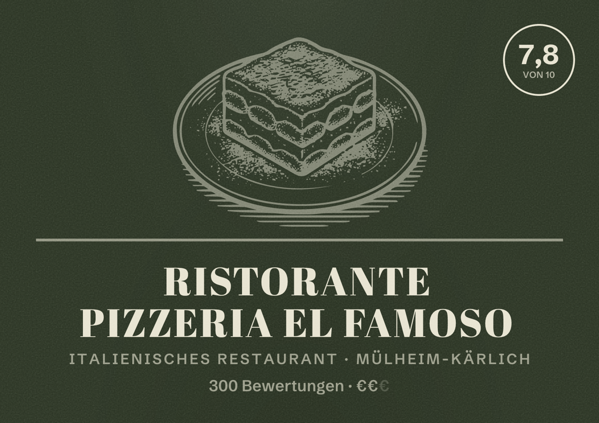 Illustriertes Poster von Ristorante Pizzeria El Famoso, Italienisches Restaurant in Mülheim-Kärlich: Bewertung 7,8 von 10 aus 300 Bewertungen, Preisniveau €€