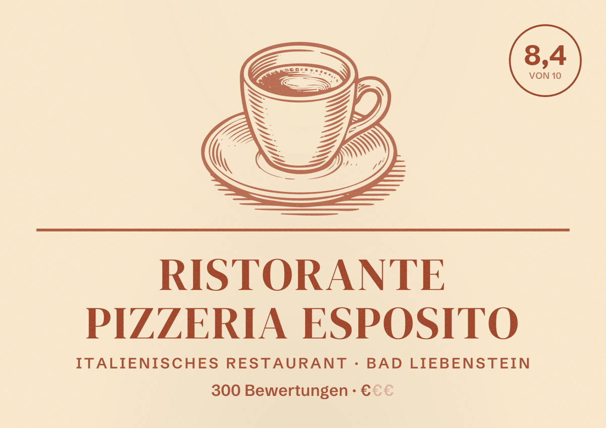 Illustriertes Poster von Ristorante Pizzeria Esposito, Italienisches Restaurant in Bad Liebenstein: Bewertung 8,4 von 10 aus 300 Bewertungen, Preisniveau €