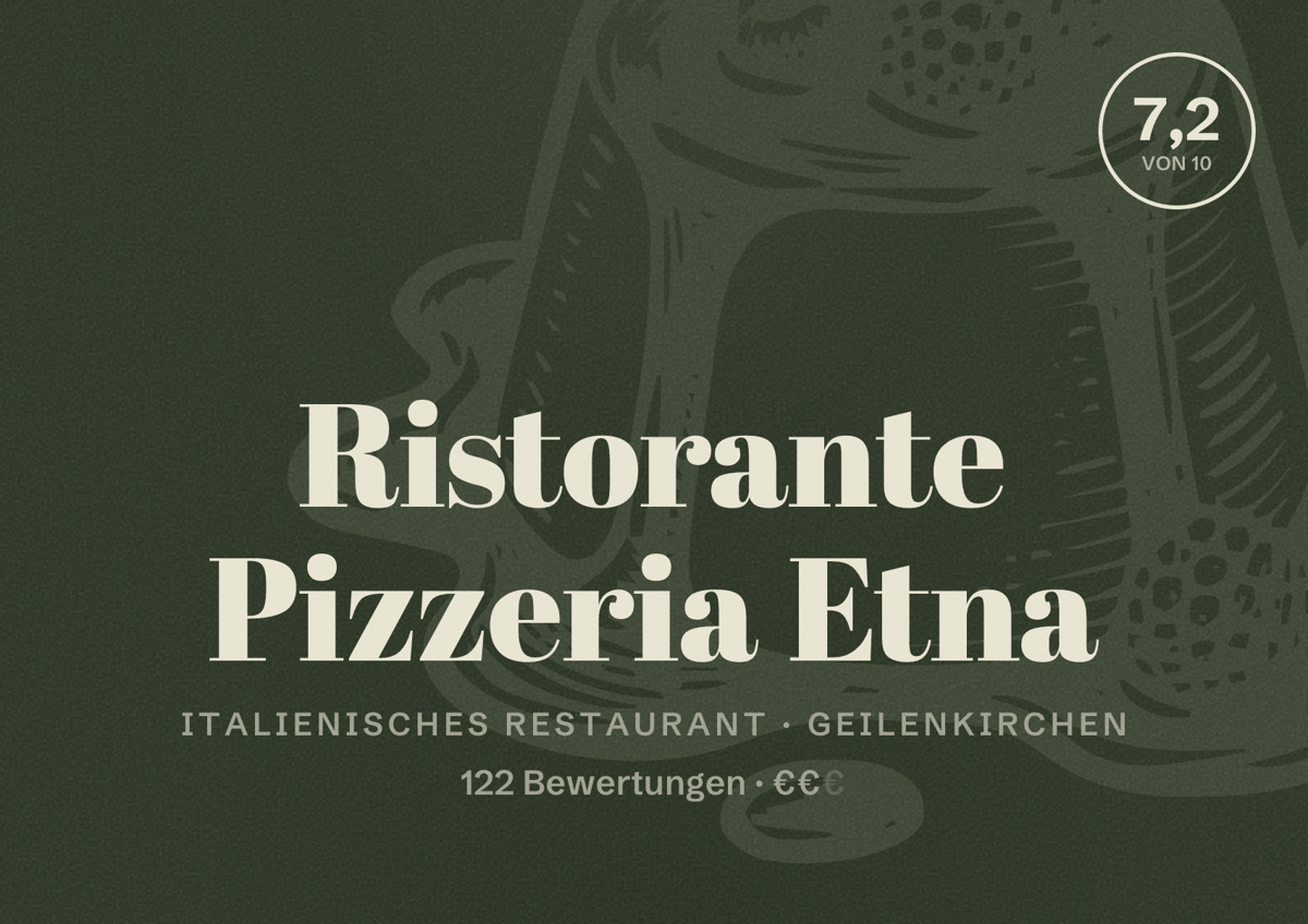 Illustriertes Poster von Ristorante Pizzeria Etna, Italienisches Restaurant in Geilenkirchen: Bewertung 7,2 von 10 aus 122 Bewertungen, Preisniveau €€