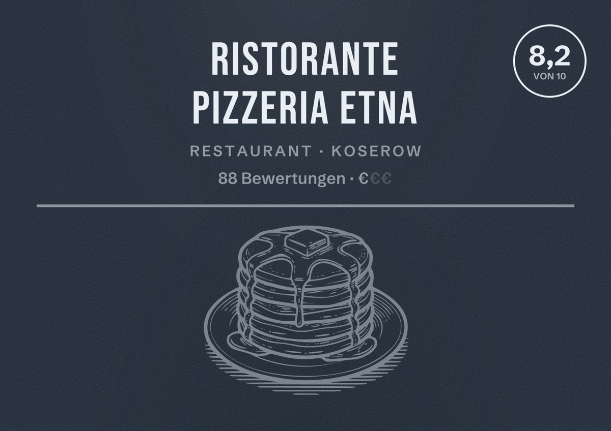 Illustriertes Poster von Ristorante Pizzeria Etna, Restaurant in Koserow: Bewertung 8,2 von 10 aus 88 Bewertungen, Preisniveau €