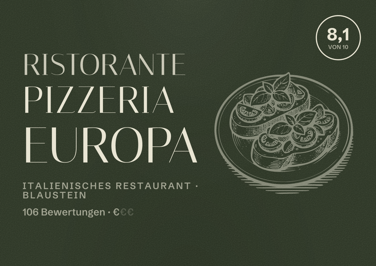 Illustriertes Poster von Ristorante Pizzeria Europa, Italienisches Restaurant in Blaustein: Bewertung 8,1 von 10 aus 106 Bewertungen, Preisniveau €