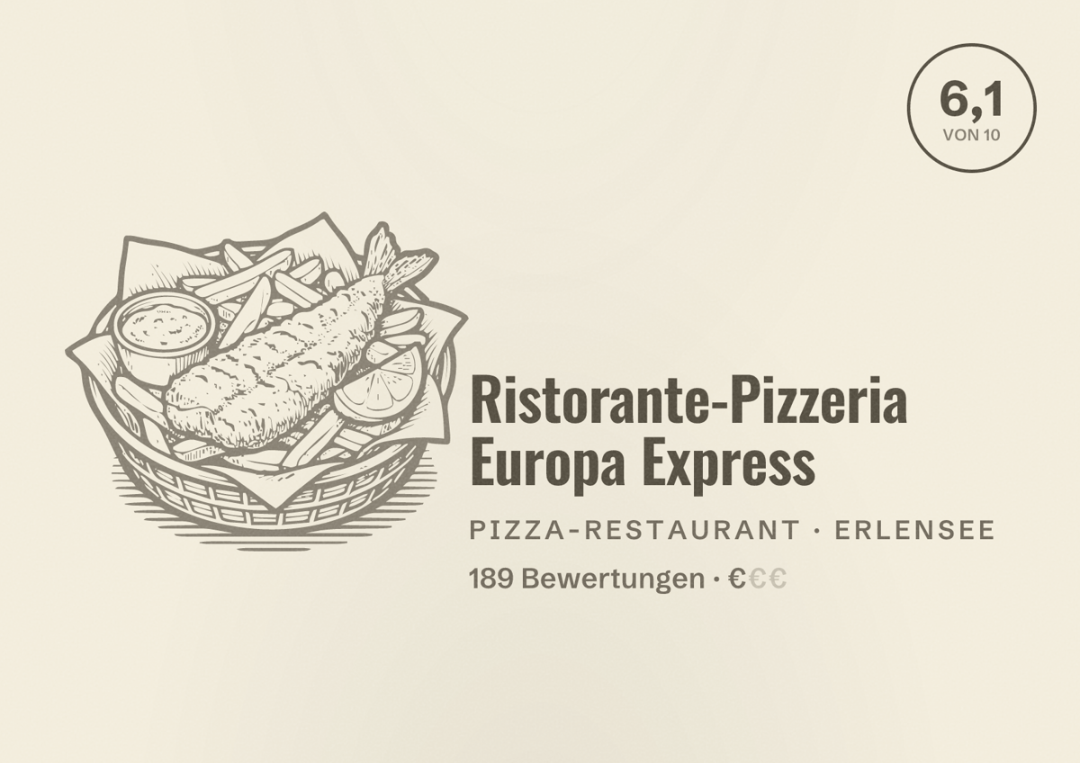 Illustriertes Poster von Ristorante-Pizzeria Europa Express, Pizza-Restaurant in Erlensee: Bewertung 6,1 von 10 aus 189 Bewertungen, Preisniveau €