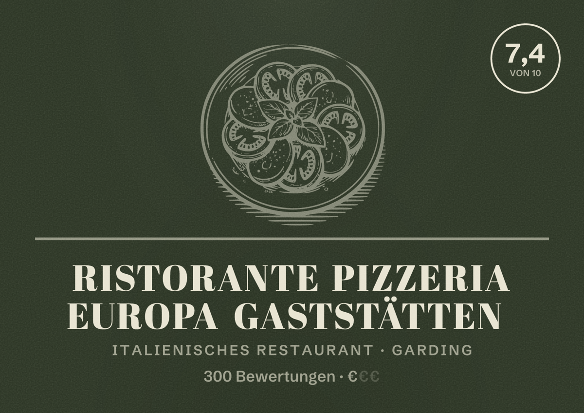Illustriertes Poster von Ristorante Pizzeria Europa Gaststätten, Italienisches Restaurant in Garding: Bewertung 7,4 von 10 aus 300 Bewertungen, Preisniveau €