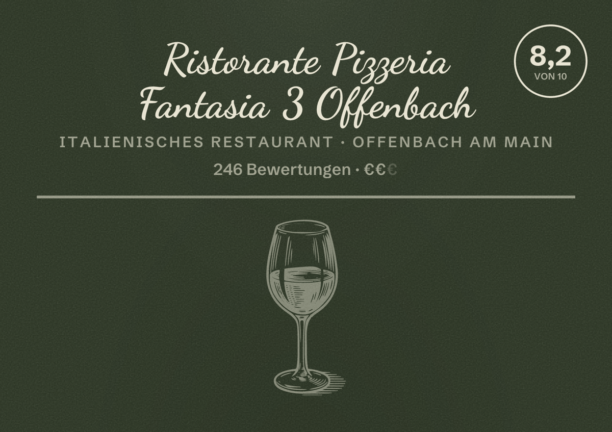 Illustriertes Poster von Ristorante Pizzeria Fantasia 3 Offenbach, Italienisches Restaurant in Offenbach am Main: Bewertung 8,2 von 10 aus 246 Bewertungen, Preisniveau €€