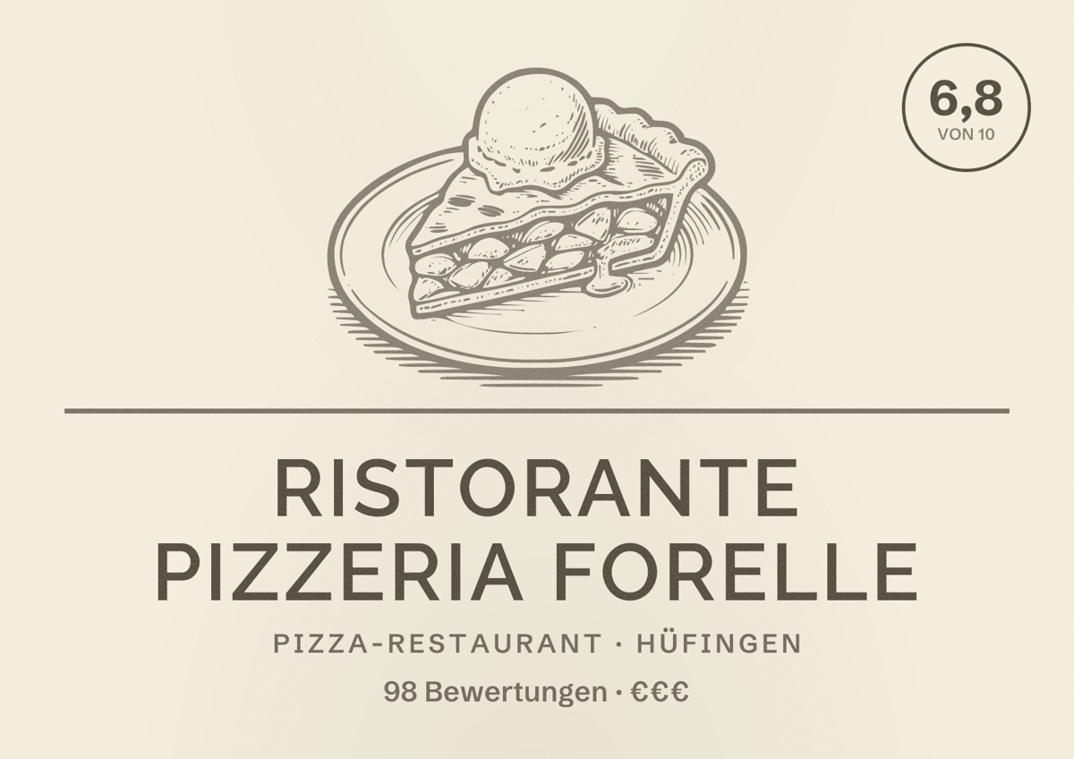 Illustriertes Poster von Ristorante Pizzeria Forelle, Pizza-Restaurant in Hüfingen: Bewertung 6,8 von 10 aus 98 Bewertungen, Preisniveau €€€