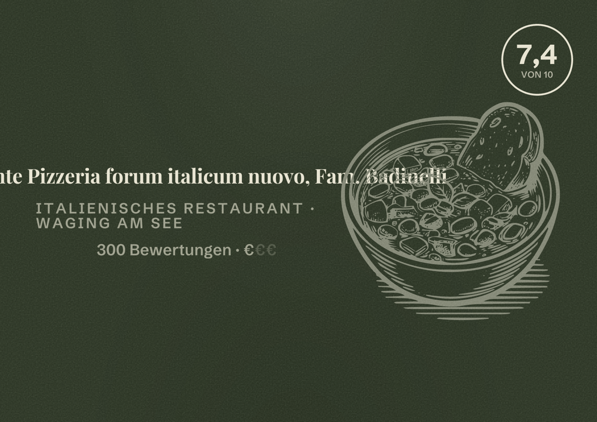 Illustriertes Poster von Ristorante Pizzeria forum italicum nuovo, Fam. Badinelli, Italienisches Restaurant in Waging am See: Bewertung 7,4 von 10 aus 300 Bewertungen, Preisniveau €