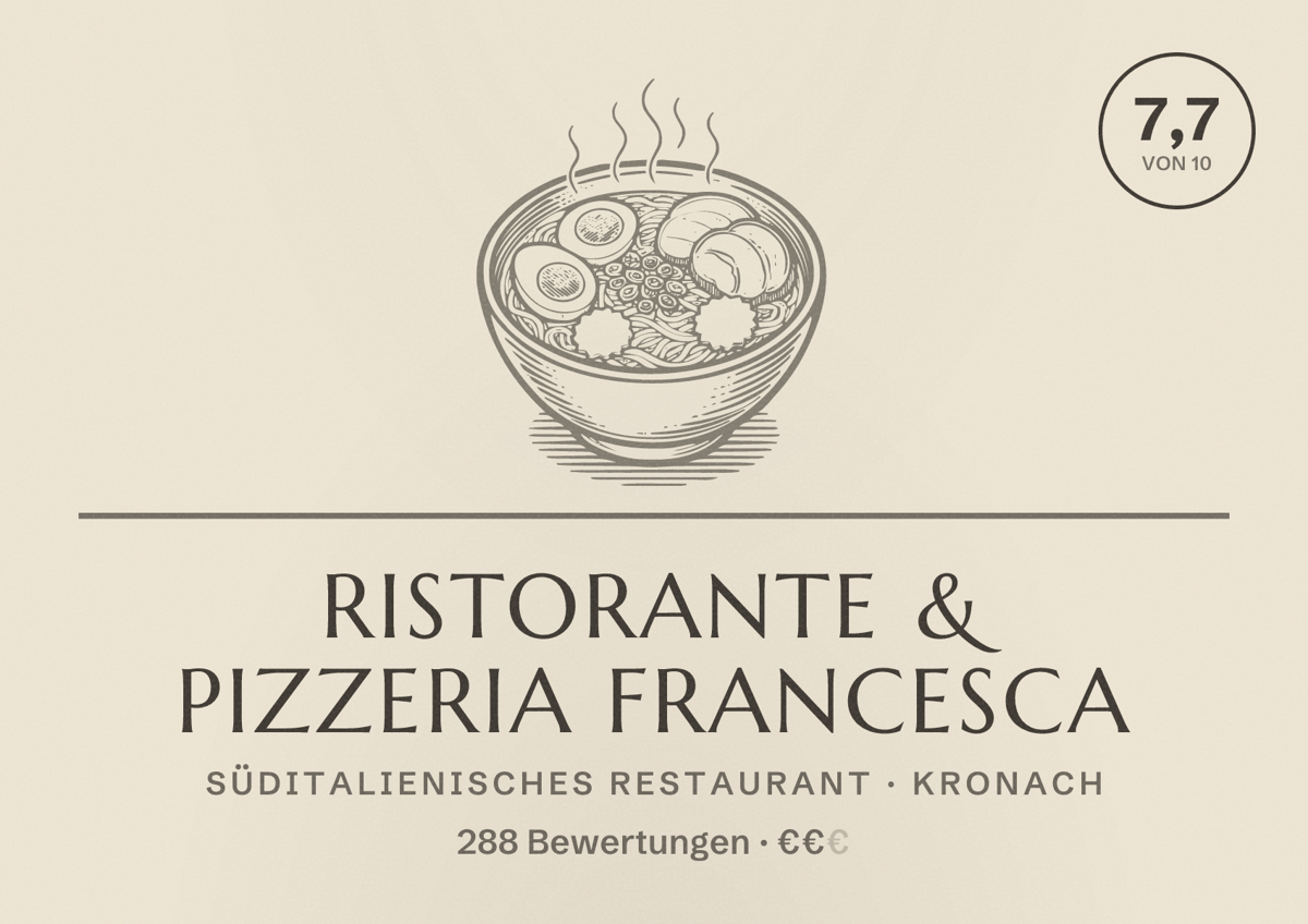 Illustriertes Poster von Ristorante & Pizzeria Francesca, Süditalienisches Restaurant in Kronach: Bewertung 7,7 von 10 aus 288 Bewertungen, Preisniveau €€