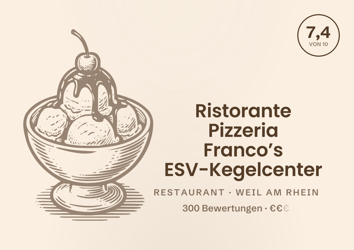 Illustriertes Poster von Ristorante Pizzeria Franco’s ESV-Kegelcenter, Restaurant in Weil am Rhein: Bewertung 7,4 von 10 aus 300 Bewertungen, Preisniveau €€