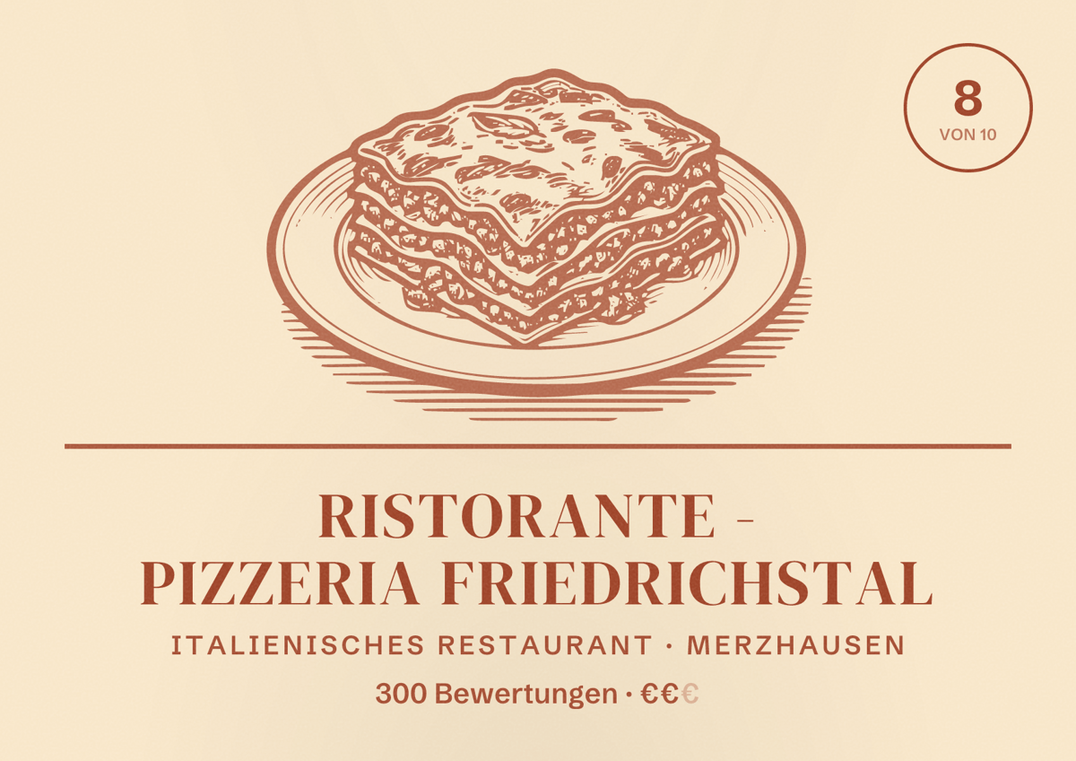 Illustriertes Poster von Ristorante - Pizzeria Friedrichstal, Italienisches Restaurant in Merzhausen: Bewertung 8 von 10 aus 300 Bewertungen, Preisniveau €€