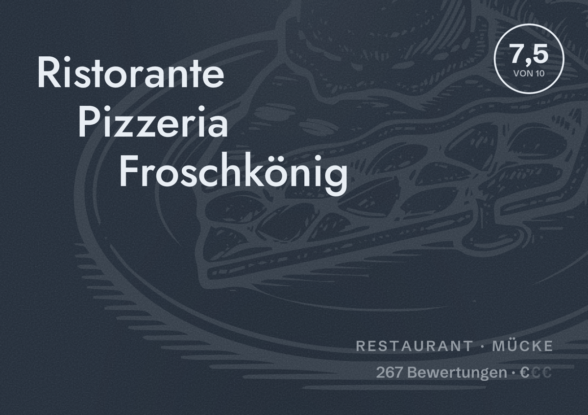 Illustriertes Poster von Ristorante Pizzeria Froschkönig, Restaurant in Mücke: Bewertung 7,5 von 10 aus 267 Bewertungen, Preisniveau €