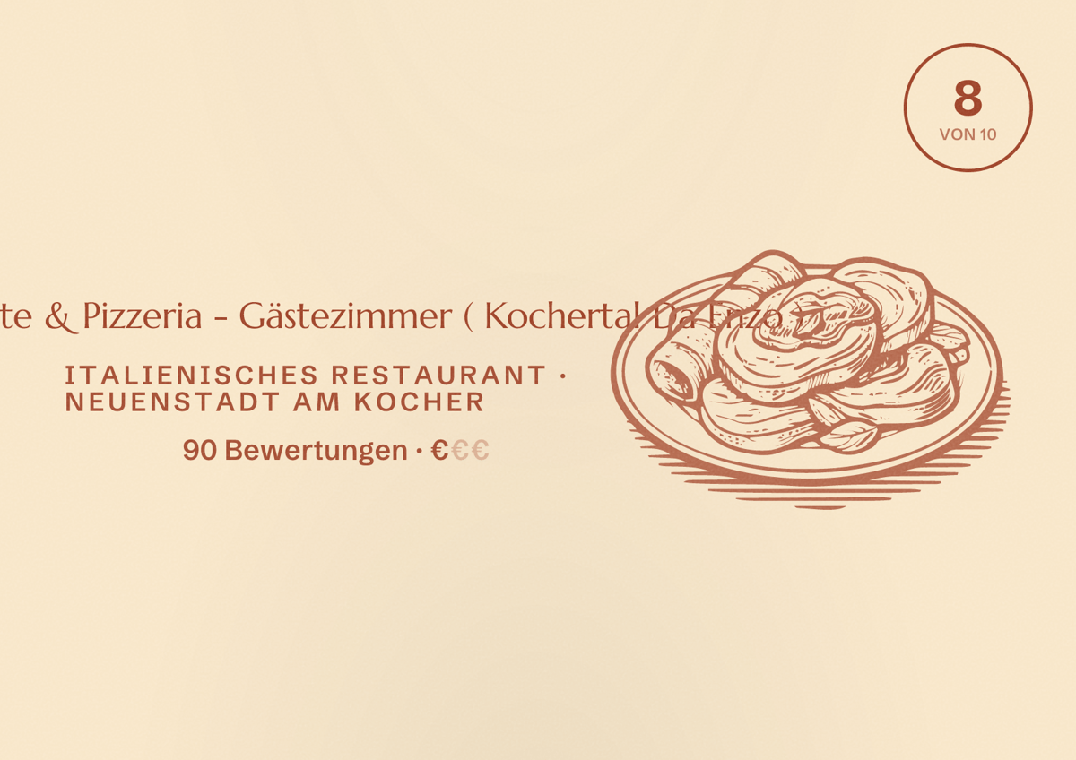 Illustriertes Poster von Ristorante & Pizzeria - Gästezimmer ( Kochertal Da Enzo ), Italienisches Restaurant in Neuenstadt am Kocher: Bewertung 8 von 10 aus 90 Bewertungen, Preisniveau €
