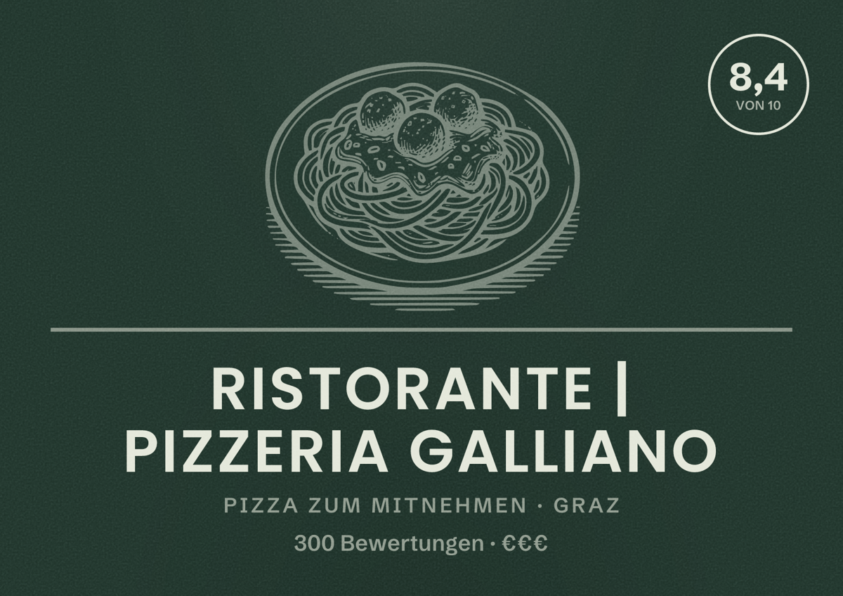 Illustriertes Poster von Ristorante | Pizzeria Galliano, Pizza zum Mitnehmen in Graz: Bewertung 8,4 von 10 aus 300 Bewertungen, Preisniveau €€€