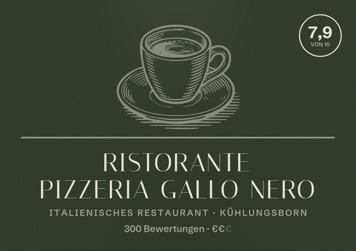 Illustriertes Poster von Ristorante Pizzeria Gallo Nero, Italienisches Restaurant in Kühlungsborn: Bewertung 7,9 von 10 aus 300 Bewertungen, Preisniveau €€