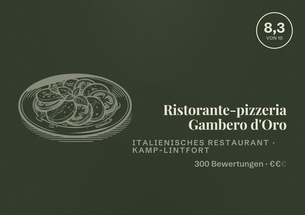 Illustriertes Poster von Ristorante-pizzeria Gambero d'Oro, Italienisches Restaurant in Kamp-Lintfort: Bewertung 8,3 von 10 aus 300 Bewertungen, Preisniveau €€