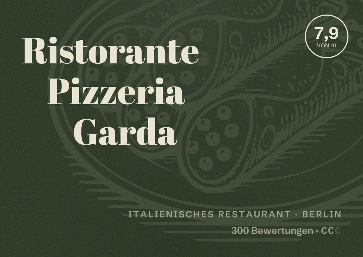 Illustriertes Poster von Ristorante Pizzeria Garda, Italienisches Restaurant in Berlin: Bewertung 7,9 von 10 aus 300 Bewertungen, Preisniveau €€