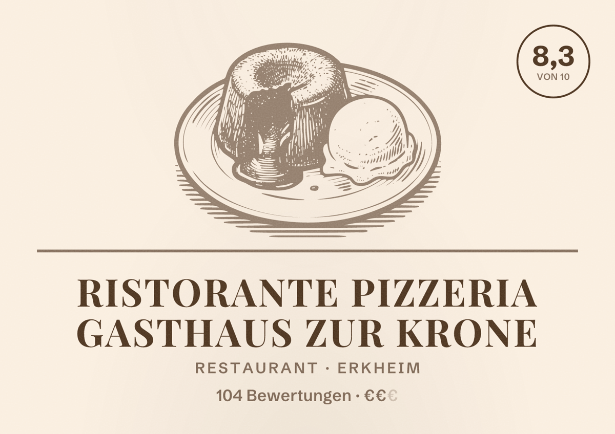 Illustriertes Poster von Ristorante Pizzeria Gasthaus zur Krone, Restaurant in Erkheim: Bewertung 8,3 von 10 aus 104 Bewertungen, Preisniveau €€