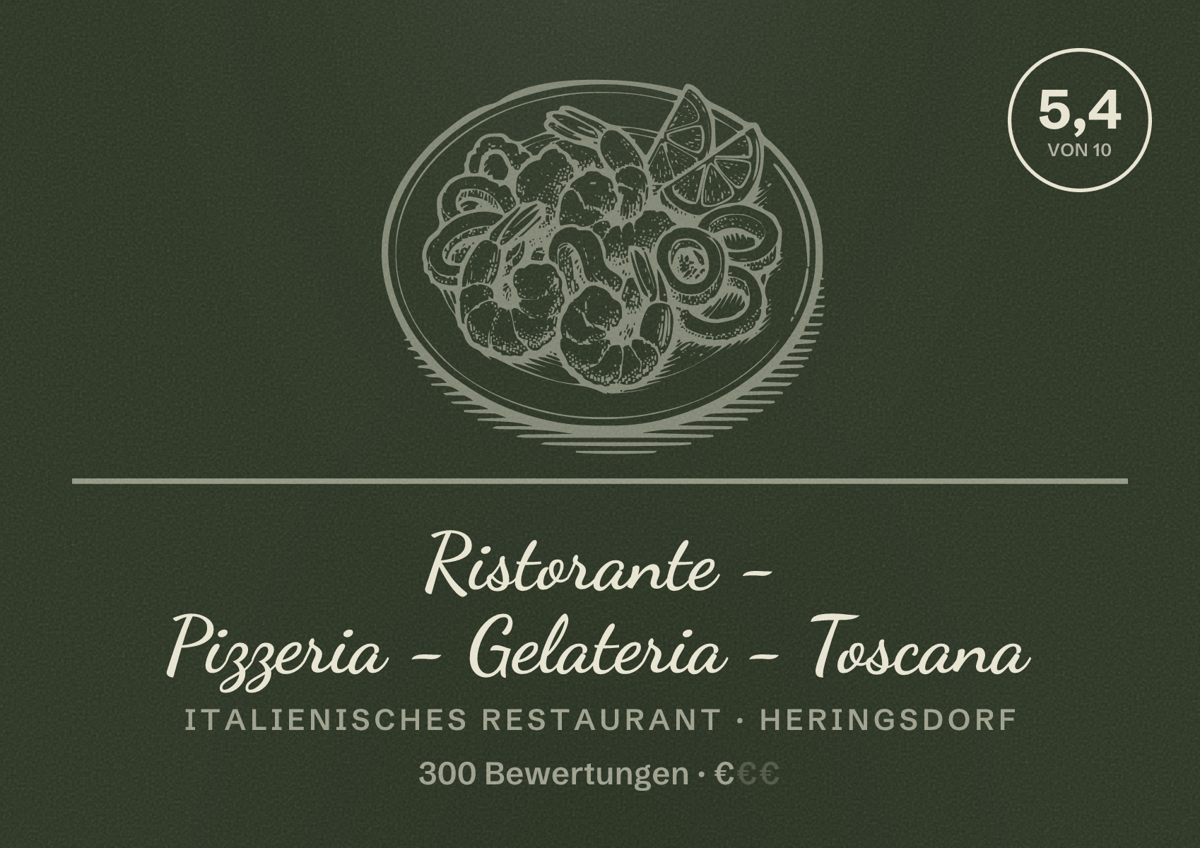 Illustriertes Poster von Ristorante - Pizzeria - Gelateria - Toscana, Italienisches Restaurant in Heringsdorf: Bewertung 5,4 von 10 aus 300 Bewertungen, Preisniveau €