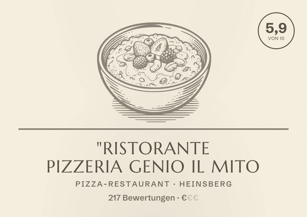 Illustriertes Poster von "Ristorante Pizzeria Genio Il Mito, Pizza-Restaurant in Heinsberg: Bewertung 5,9 von 10 aus 217 Bewertungen, Preisniveau €