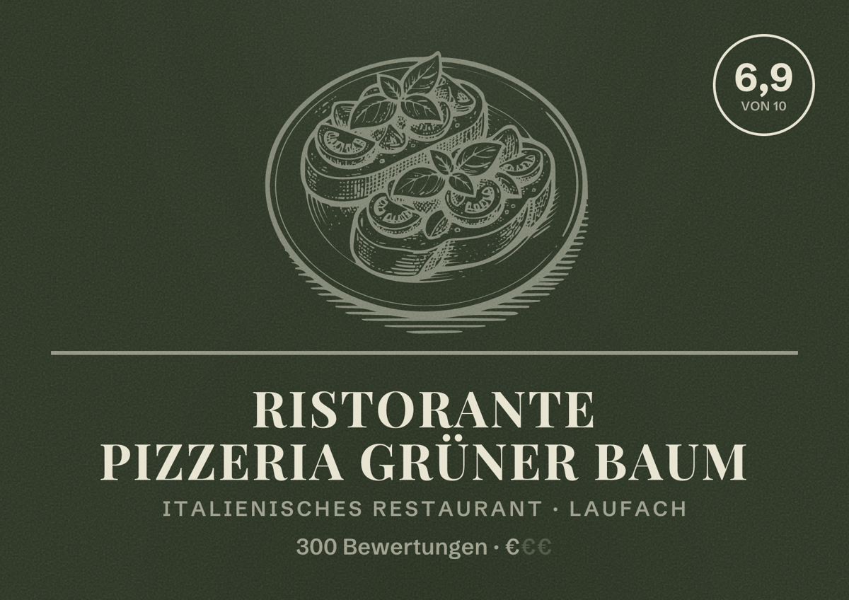 Illustriertes Poster von Ristorante Pizzeria Grüner Baum, Italienisches Restaurant in Laufach: Bewertung 6,9 von 10 aus 300 Bewertungen, Preisniveau €
