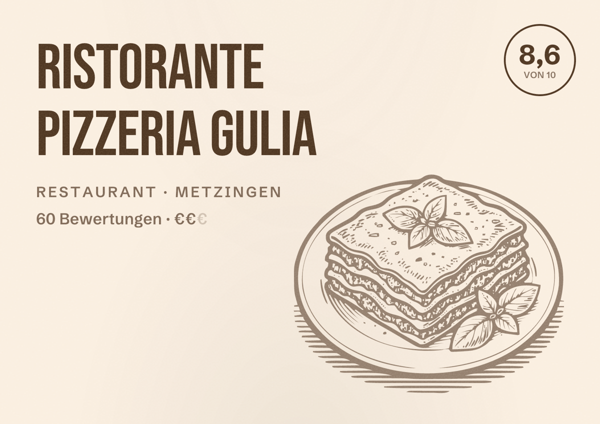 Illustriertes Poster von Ristorante Pizzeria Gulia, Restaurant in Metzingen: Bewertung 8,6 von 10 aus 60 Bewertungen, Preisniveau €€