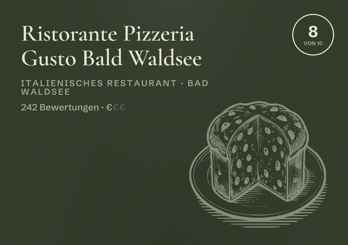 Illustriertes Poster von Ristorante Pizzeria Gusto Bald Waldsee, Italienisches Restaurant in Bad Waldsee: Bewertung 8 von 10 aus 242 Bewertungen, Preisniveau €