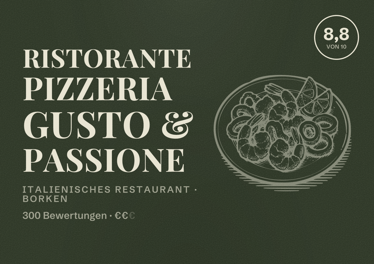 Illustriertes Poster von Ristorante Pizzeria Gusto & Passione, Italienisches Restaurant in Borken: Bewertung 8,8 von 10 aus 300 Bewertungen, Preisniveau €€