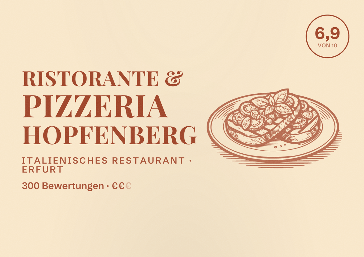 Illustriertes Poster von Ristorante & Pizzeria HOPFENBERG, Italienisches Restaurant in Erfurt: Bewertung 6,9 von 10 aus 300 Bewertungen, Preisniveau €€