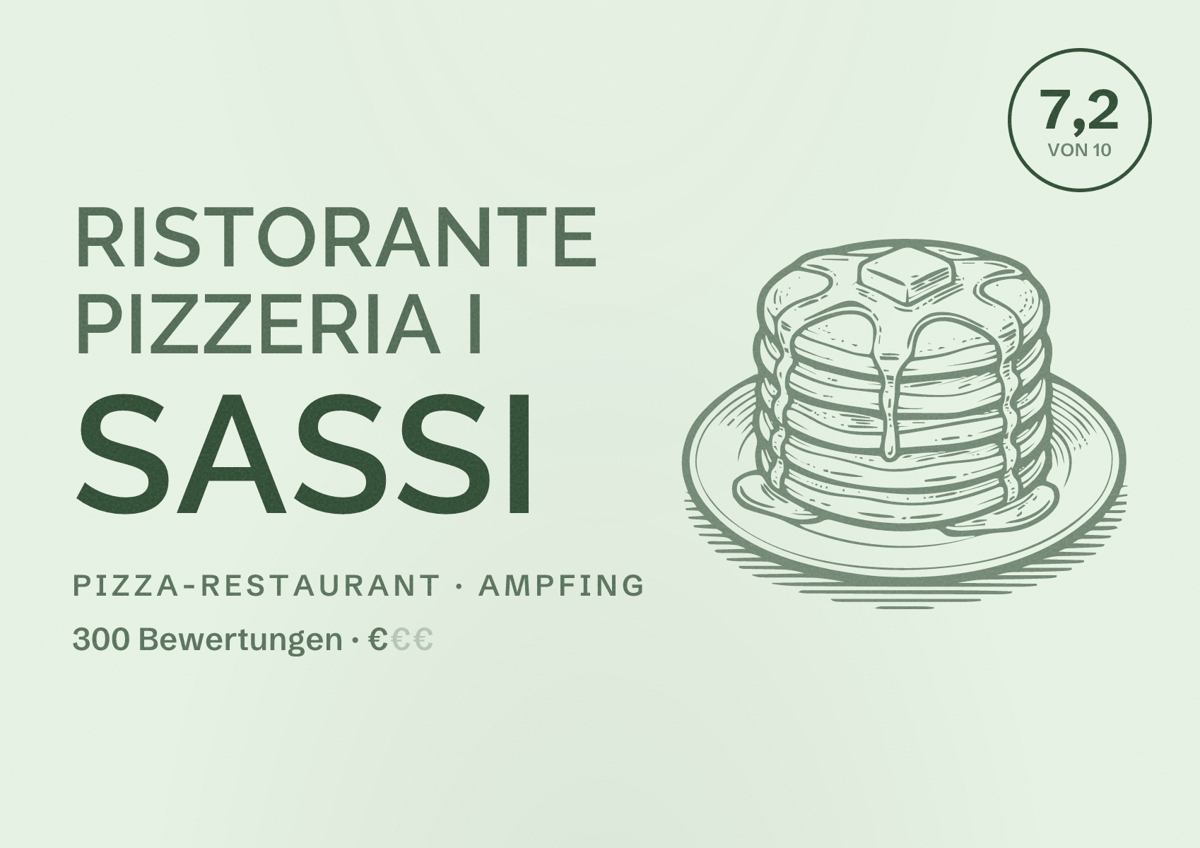 Illustriertes Poster von Ristorante Pizzeria I Sassi, Pizza-Restaurant in Ampfing: Bewertung 7,2 von 10 aus 300 Bewertungen, Preisniveau €