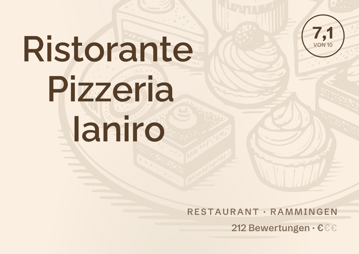 Illustriertes Poster von Ristorante Pizzeria Ianiro, Restaurant in Rammingen: Bewertung 7,1 von 10 aus 212 Bewertungen, Preisniveau €