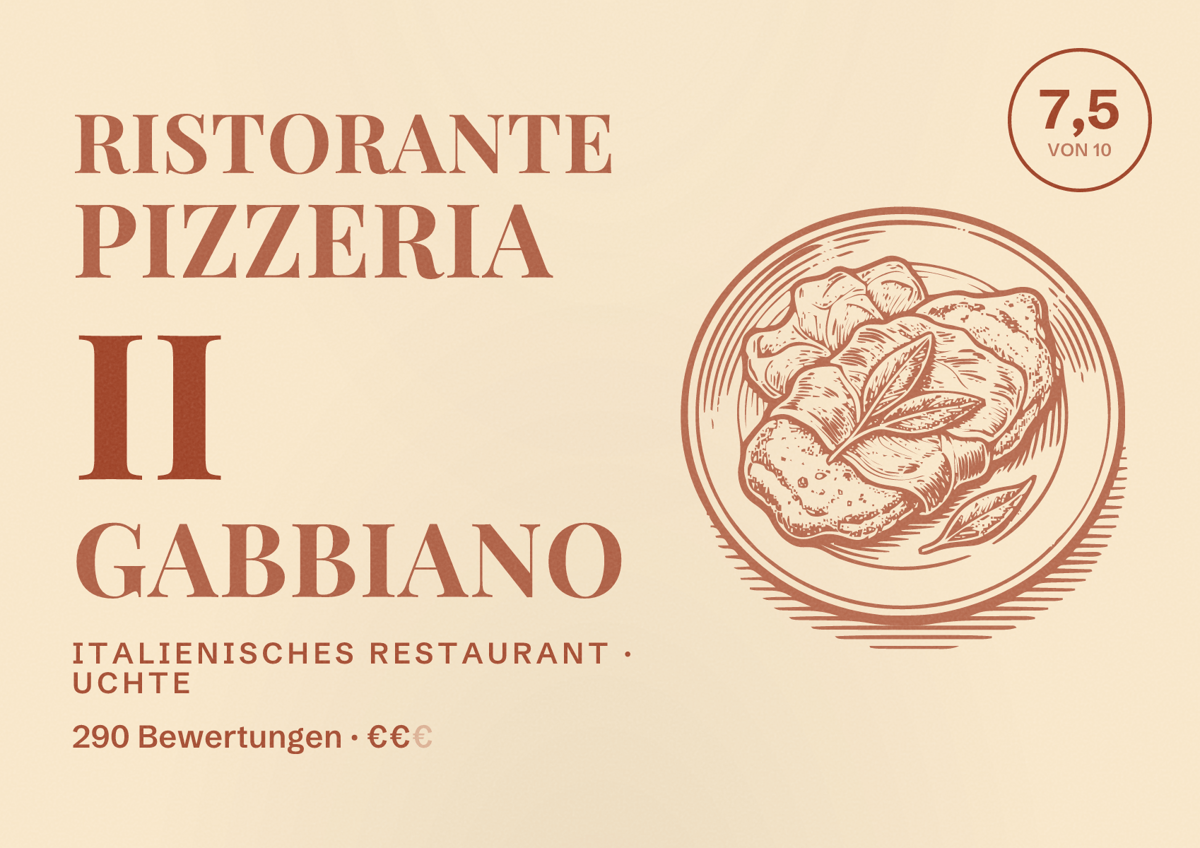 Illustriertes Poster von Ristorante Pizzeria II Gabbiano, Italienisches Restaurant in Uchte: Bewertung 7,5 von 10 aus 290 Bewertungen, Preisniveau €€