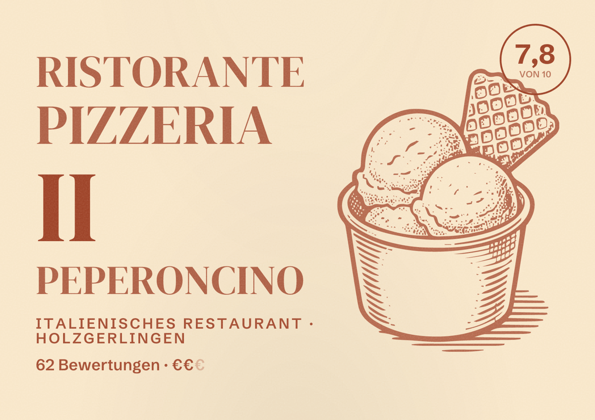 Illustriertes Poster von Ristorante Pizzeria II Peperoncino, Italienisches Restaurant in Holzgerlingen: Bewertung 7,8 von 10 aus 62 Bewertungen, Preisniveau €€