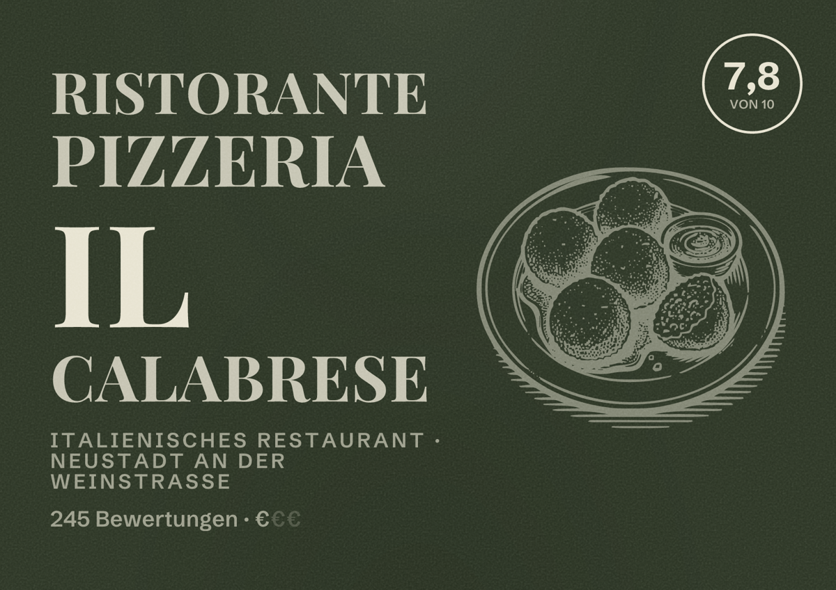 Illustriertes Poster von Ristorante Pizzeria Il Calabrese, Italienisches Restaurant in Neustadt an der Weinstraße: Bewertung 7,8 von 10 aus 245 Bewertungen, Preisniveau €