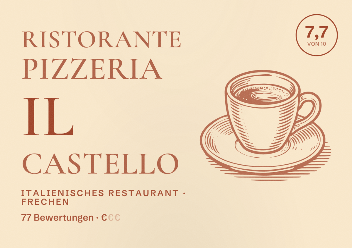 Illustriertes Poster von Ristorante Pizzeria Il Castello, Italienisches Restaurant in Frechen: Bewertung 7,7 von 10 aus 77 Bewertungen, Preisniveau €