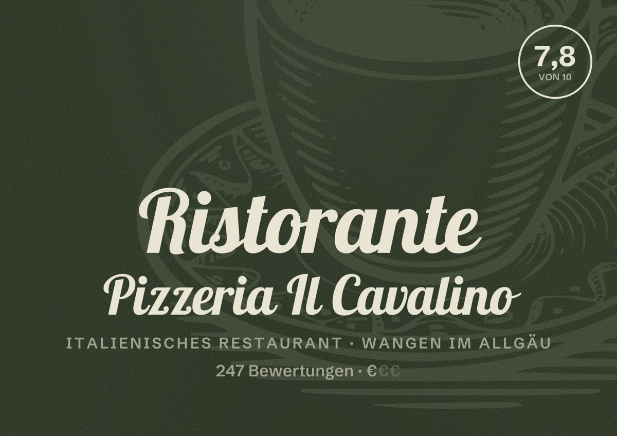 Illustriertes Poster von Ristorante Pizzeria Il Cavalino, Italienisches Restaurant in Wangen im Allgäu: Bewertung 7,8 von 10 aus 247 Bewertungen, Preisniveau €