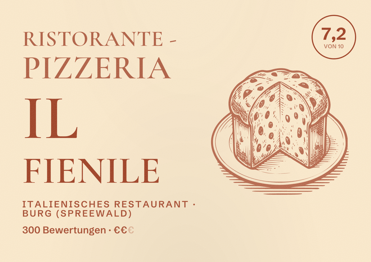 Illustriertes Poster von Ristorante - Pizzeria Il Fienile, Italienisches Restaurant in Burg (Spreewald): Bewertung 7,2 von 10 aus 300 Bewertungen, Preisniveau €€