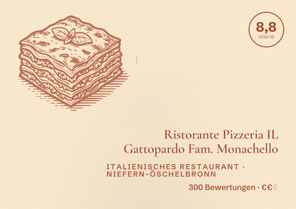 Illustriertes Poster von Ristorante Pizzeria IL Gattopardo Fam. Monachello, Italienisches Restaurant in Niefern-Öschelbronn: Bewertung 8,8 von 10 aus 300 Bewertungen, Preisniveau €€