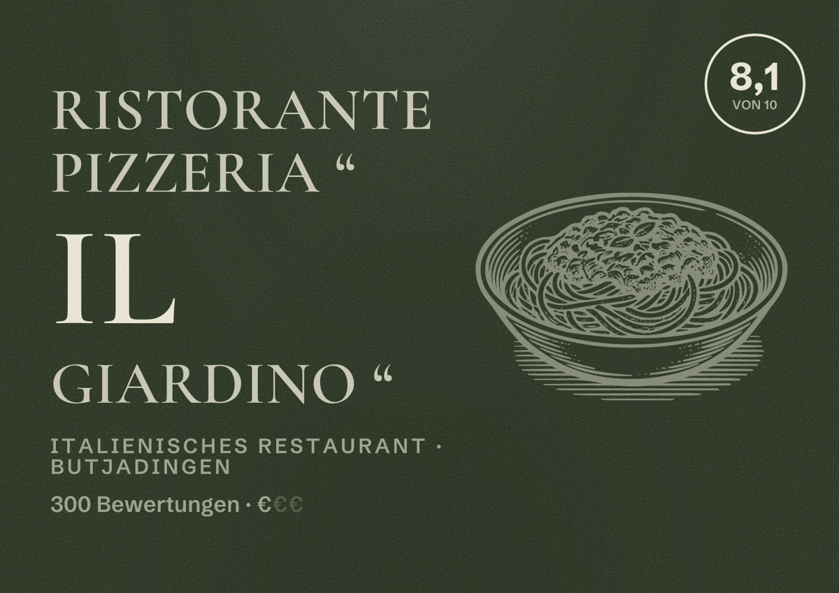 Illustriertes Poster von Ristorante Pizzeria “ il Giardino “, Italienisches Restaurant in Butjadingen: Bewertung 8,1 von 10 aus 300 Bewertungen, Preisniveau €