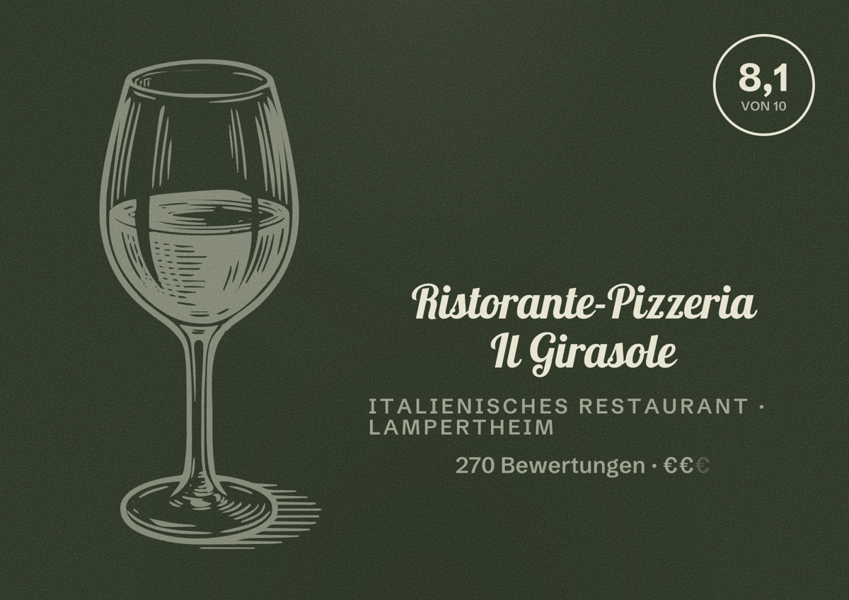 Illustriertes Poster von Ristorante-Pizzeria Il Girasole, Italienisches Restaurant in Lampertheim: Bewertung 8,1 von 10 aus 270 Bewertungen, Preisniveau €€