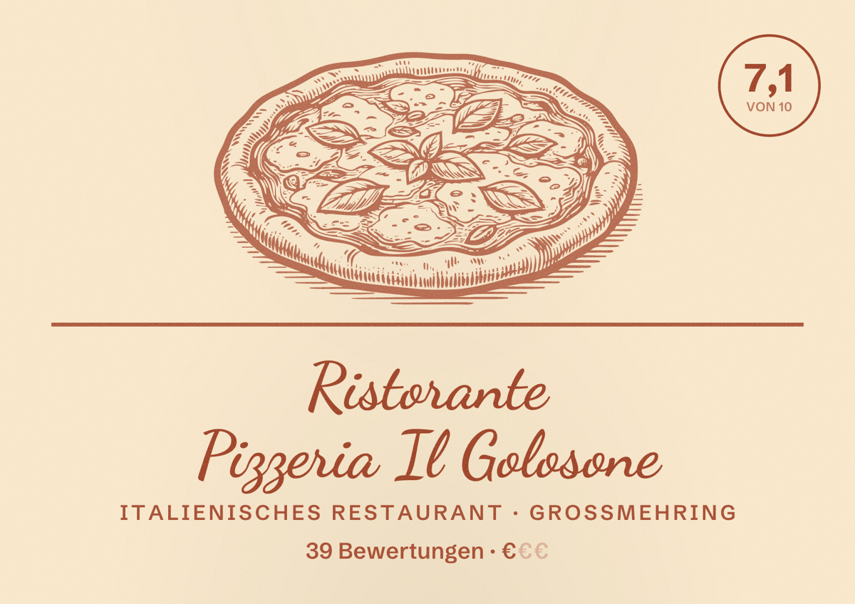 Illustriertes Poster von Ristorante Pizzeria Il Golosone, Italienisches Restaurant in Großmehring: Bewertung 7,1 von 10 aus 39 Bewertungen, Preisniveau €