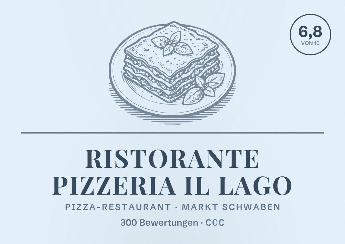 Illustriertes Poster von Ristorante Pizzeria Il Lago, Pizza-Restaurant in Markt Schwaben: Bewertung 6,8 von 10 aus 300 Bewertungen, Preisniveau €€€