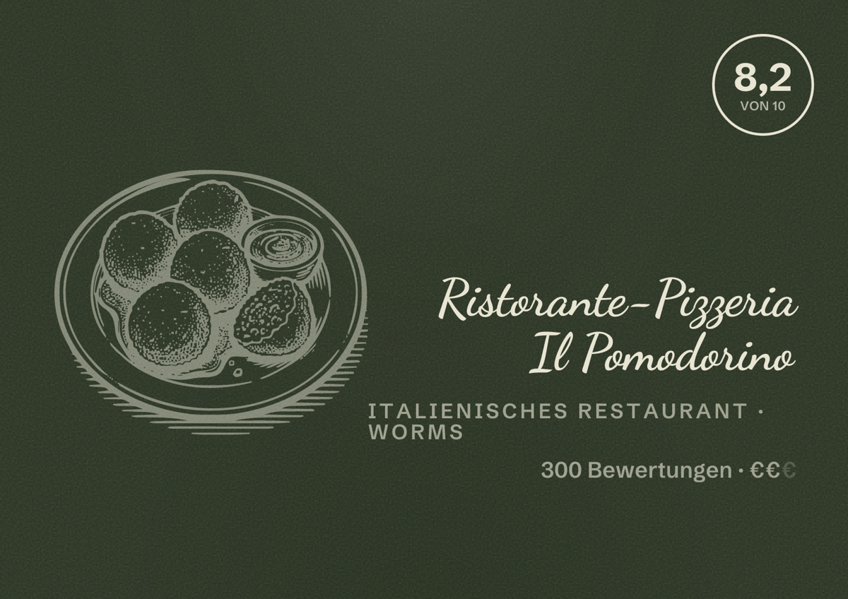 Illustriertes Poster von Ristorante-Pizzeria Il Pomodorino, Italienisches Restaurant in Worms: Bewertung 8,2 von 10 aus 300 Bewertungen, Preisniveau €€
