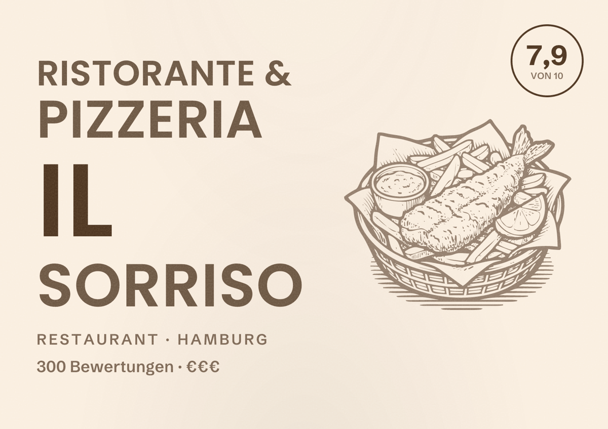 Illustriertes Poster von Ristorante & Pizzeria il Sorriso, Restaurant in Hamburg: Bewertung 7,9 von 10 aus 300 Bewertungen, Preisniveau €€€