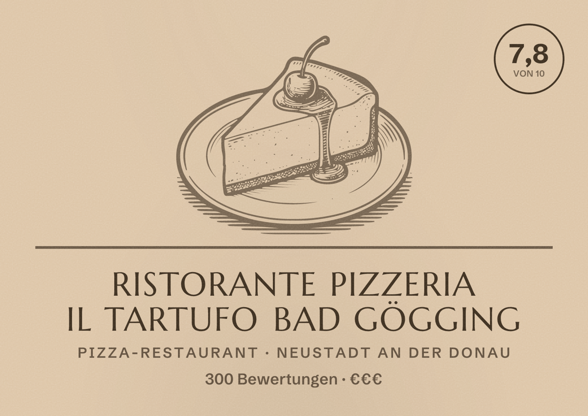 Illustriertes Poster von Ristorante Pizzeria il tartufo Bad Gögging, Pizza-Restaurant in Neustadt an der Donau: Bewertung 7,8 von 10 aus 300 Bewertungen, Preisniveau €€€
