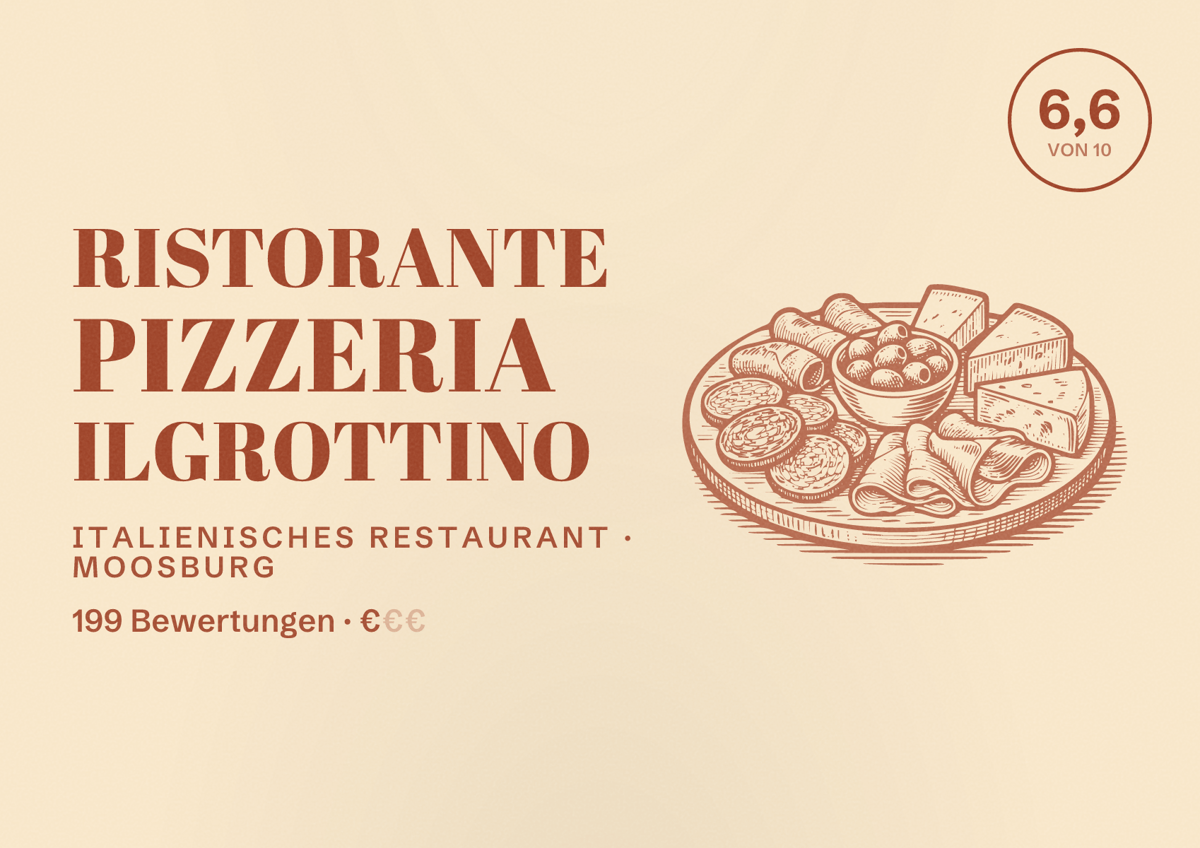Illustriertes Poster von Ristorante Pizzeria ilgrottino, Italienisches Restaurant in Moosburg: Bewertung 6,6 von 10 aus 199 Bewertungen, Preisniveau €