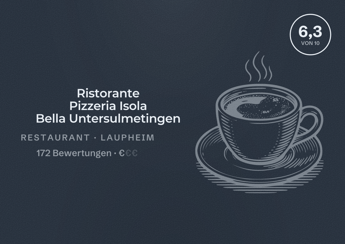 Illustriertes Poster von Ristorante Pizzeria Isola Bella Untersulmetingen, Restaurant in Laupheim: Bewertung 6,3 von 10 aus 172 Bewertungen, Preisniveau €